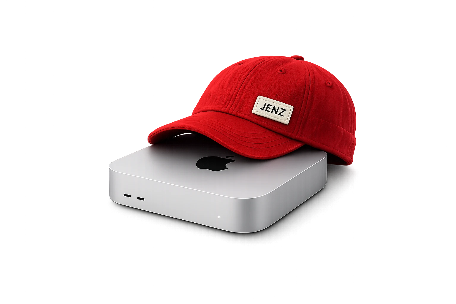 A Mac mini with a red JENZ cap resting on top